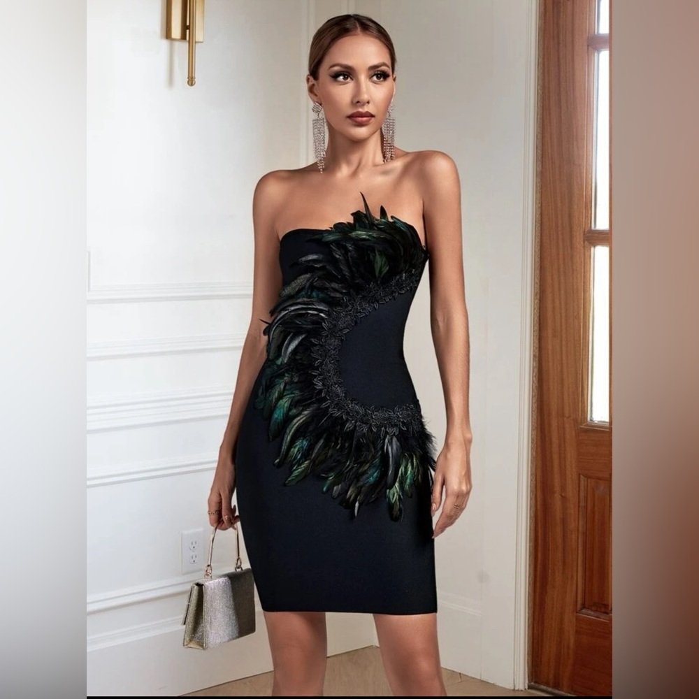 Black feather bodycon dress
